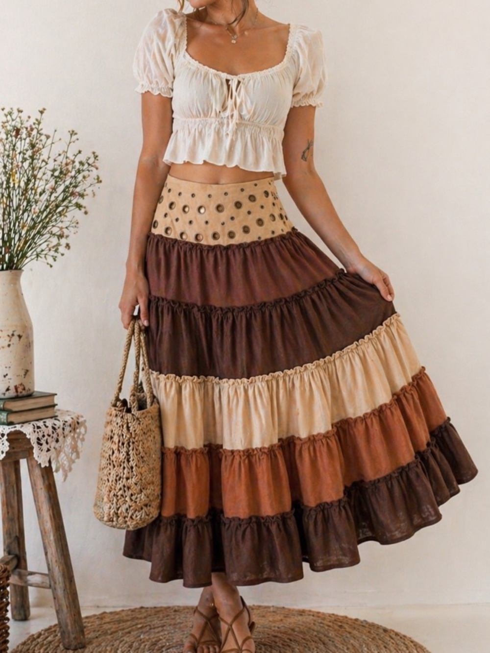 Lulumari Boho Tiered Midi Skirt L Brown Cream Grommet Y2K Western